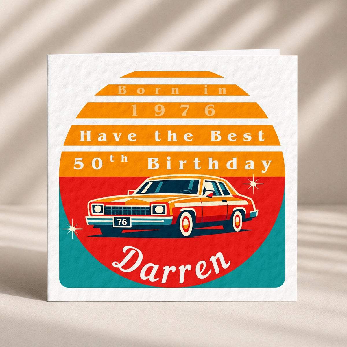 Personalised 50th Birthday Card for Him, Born in 1976 with Retro Car Design