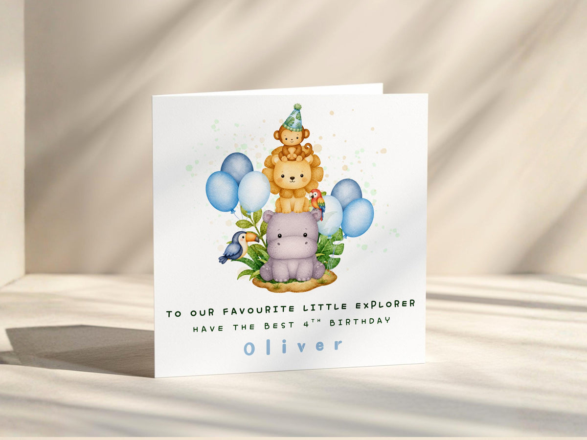 Safari Birthday Card for Boys, Personalised Name & Age Birthday, Animal Theme, Son, Grandson