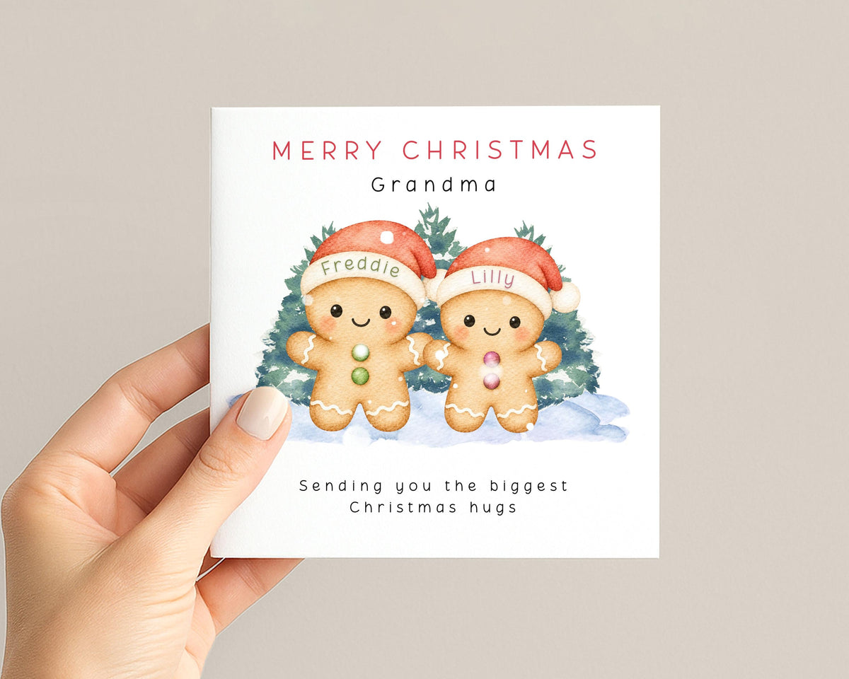 Personalised Family Christmas Card with Named Gingerbread Children and Custom Recipient Wording