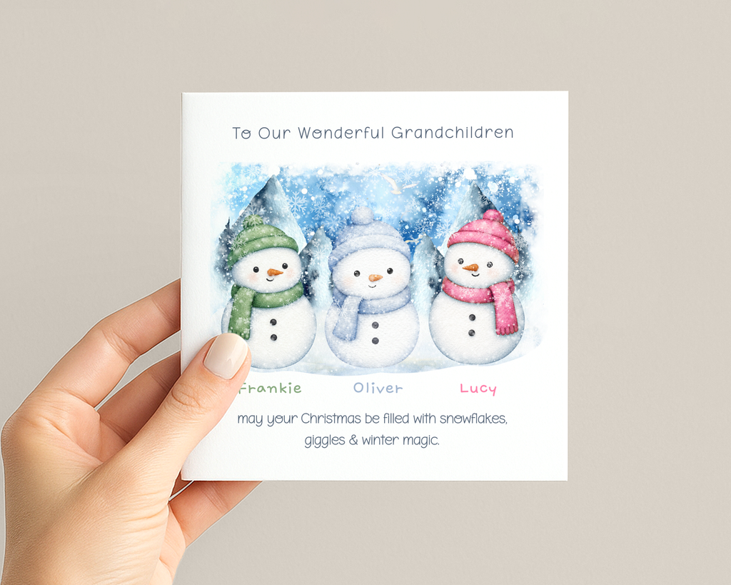 Personalised Grandchildren Christmas Card with Two to Four Snowmen, Names and Watercolour Winter Scene
