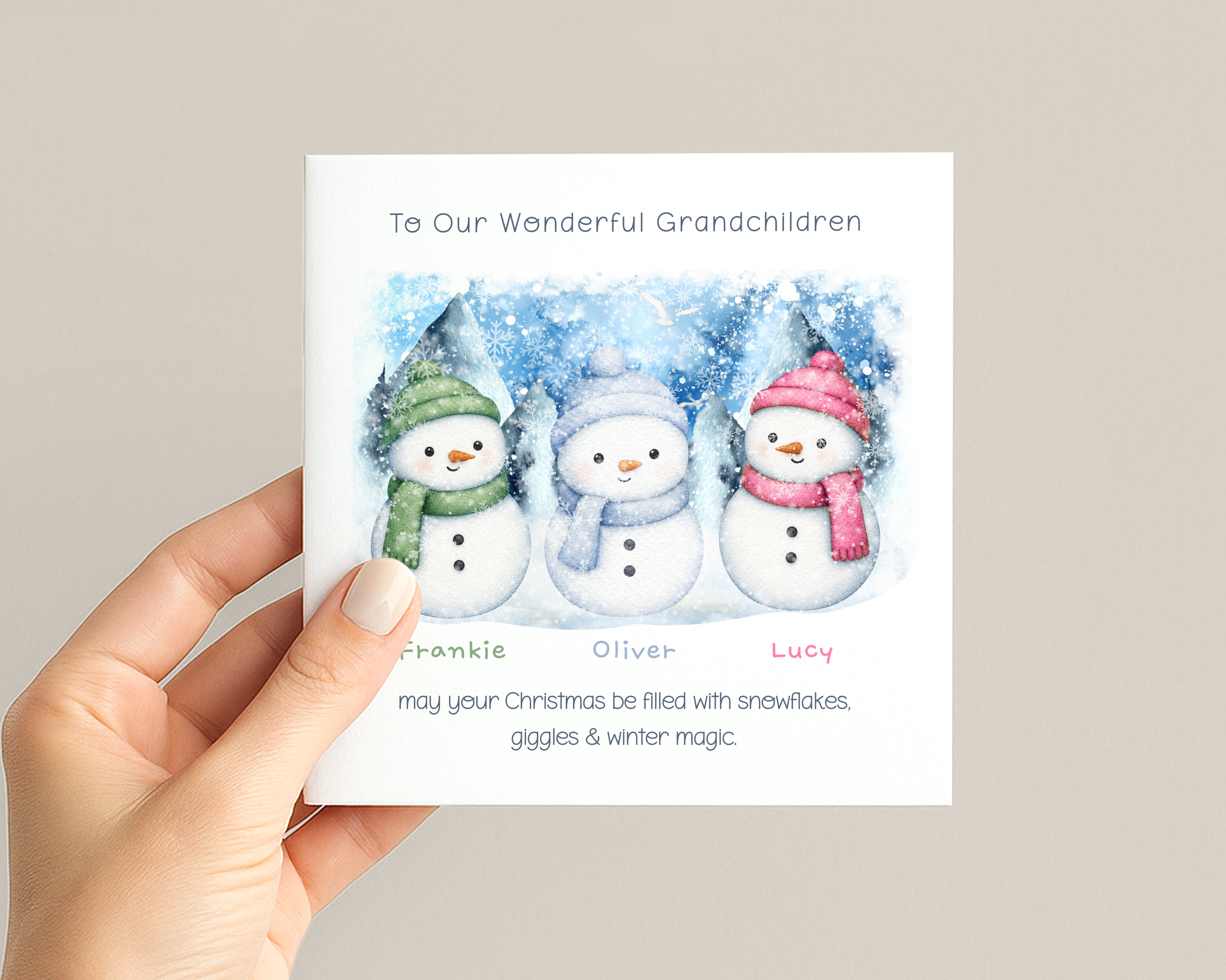 Personalised Grandchildren Christmas Card with Two to Four Snowmen, Names and Watercolour Winter Scene