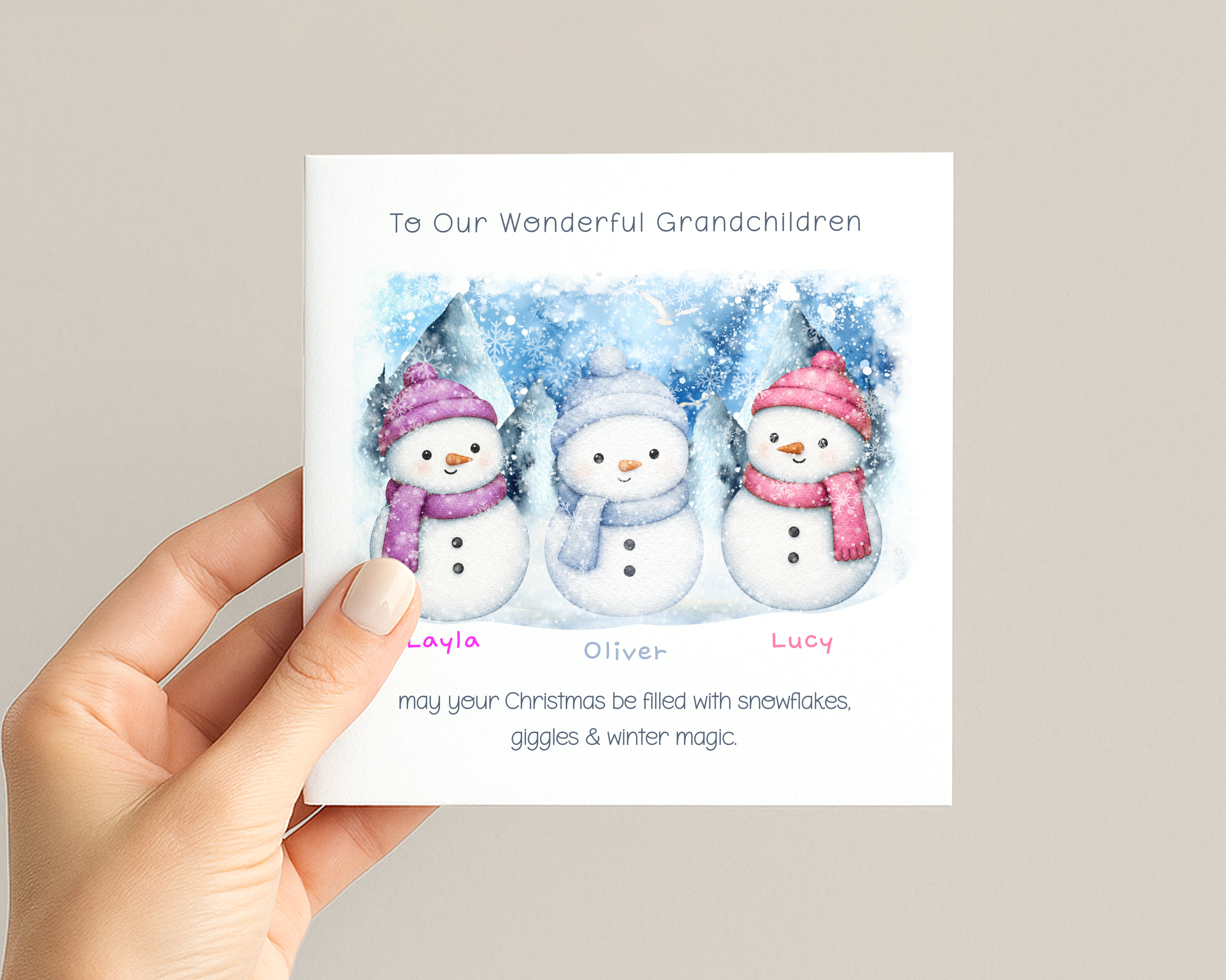 Personalised Grandchildren Christmas Card with Two to Four Snowmen, Names and Watercolour Winter Scene