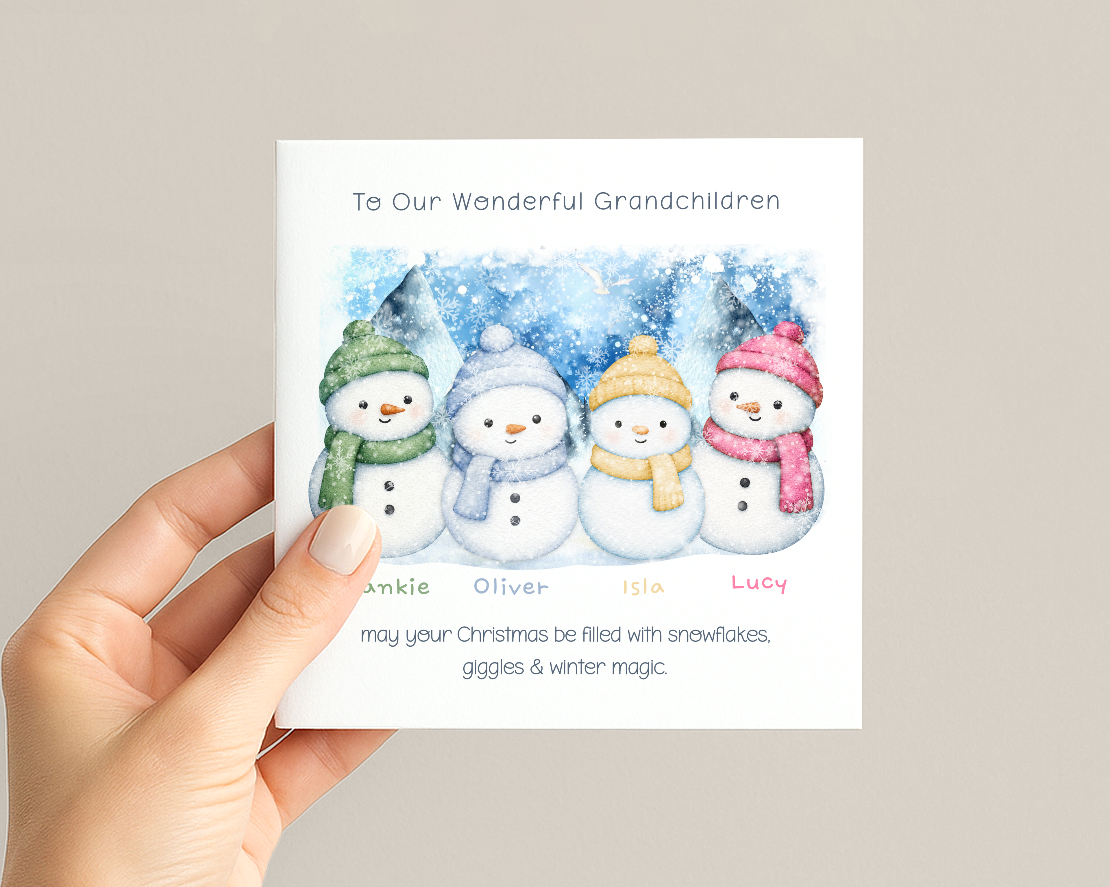 Personalised Grandchildren Christmas Card with Two to Four Snowmen, Names and Watercolour Winter Scene