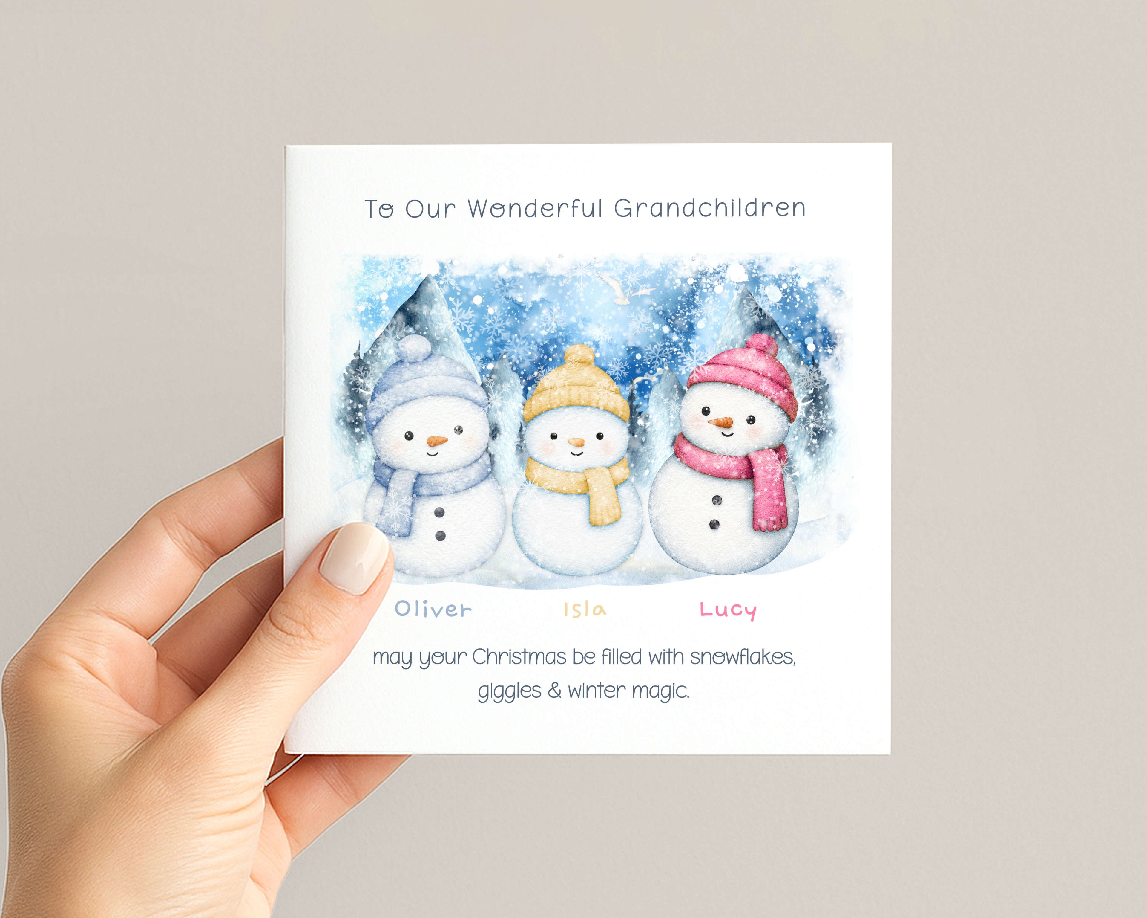 Personalised Grandchildren Christmas Card with Two to Four Snowmen, Names and Watercolour Winter Scene