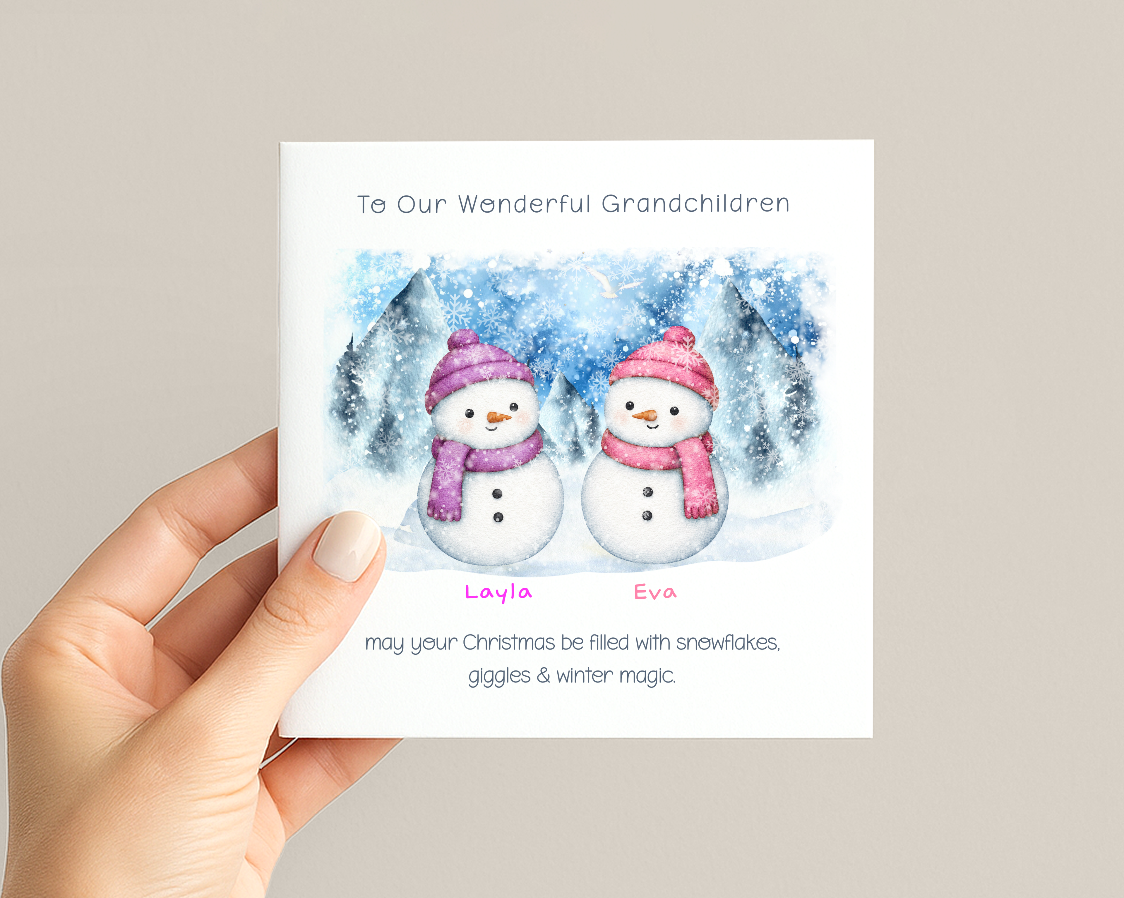 Personalised Grandchildren Christmas Card with Two to Four Snowmen, Names and Watercolour Winter Scene