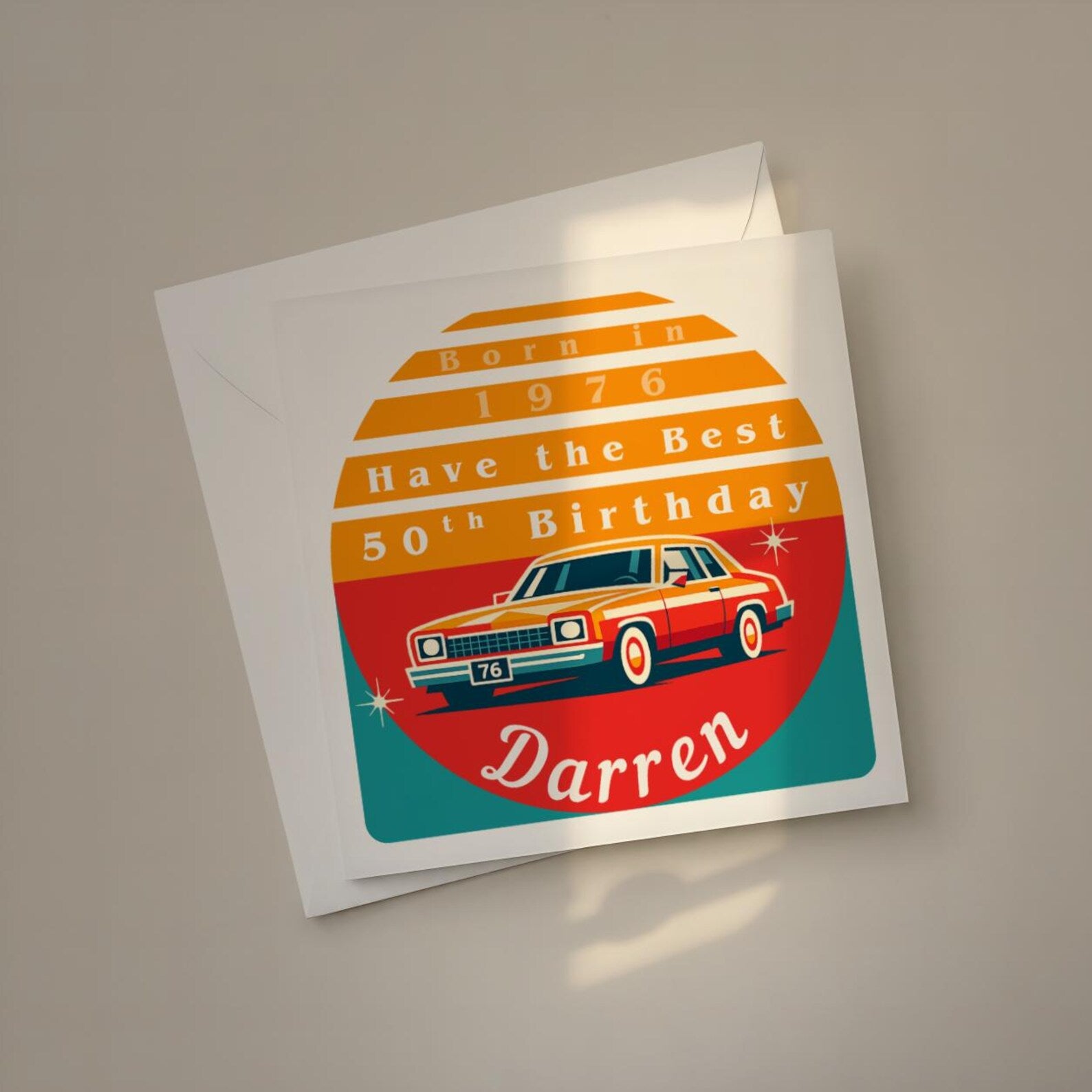 Personalised 50th Birthday Card for Him, Born in 1976 with Retro Car Design