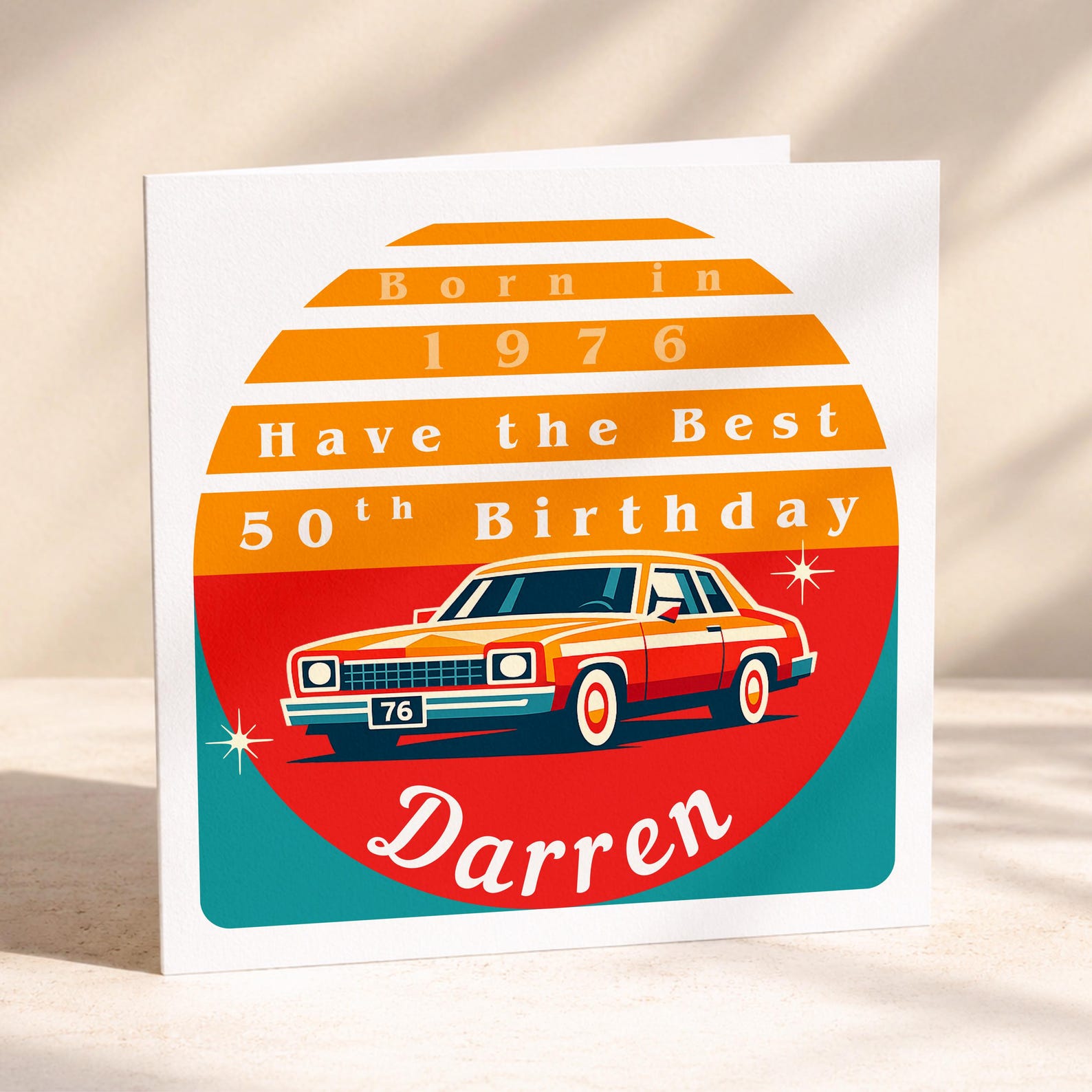 Personalised 50th Birthday Card for Him, Born in 1976 with Retro Car Design