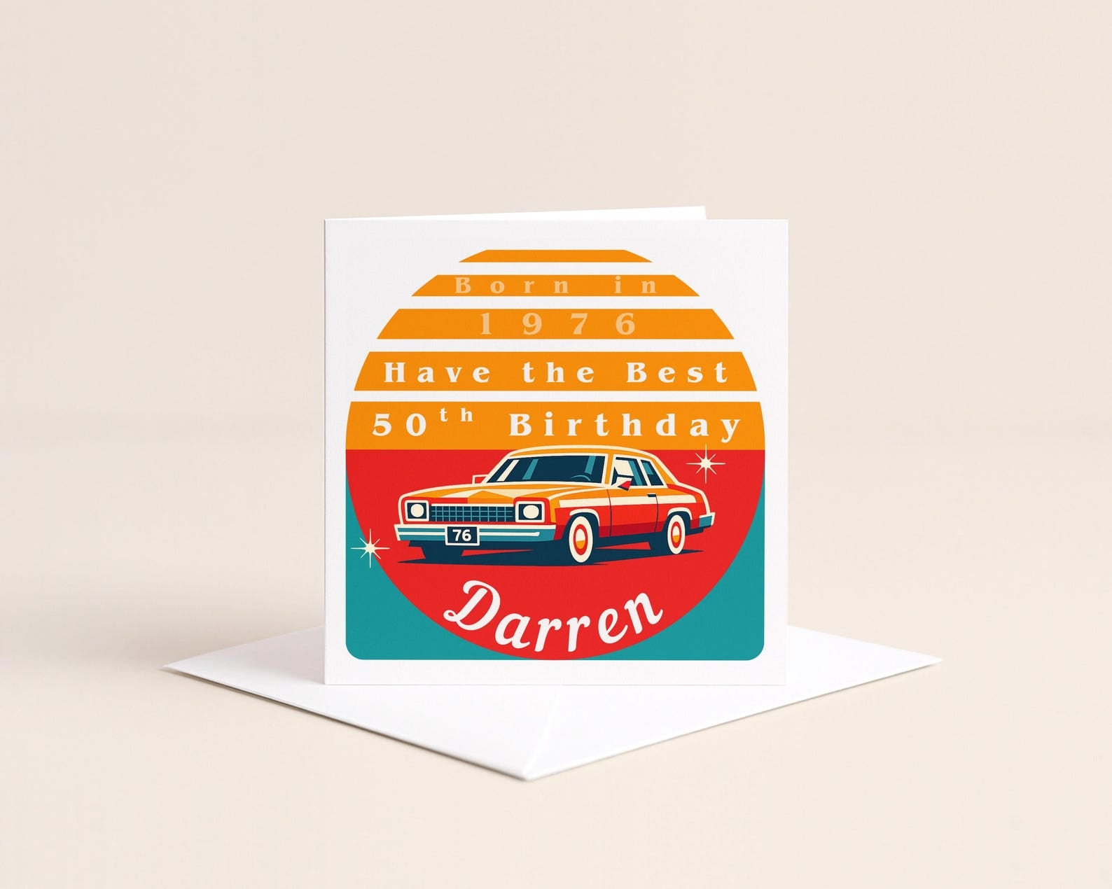 Personalised 50th Birthday Card for Him, Born in 1976 with Retro Car Design