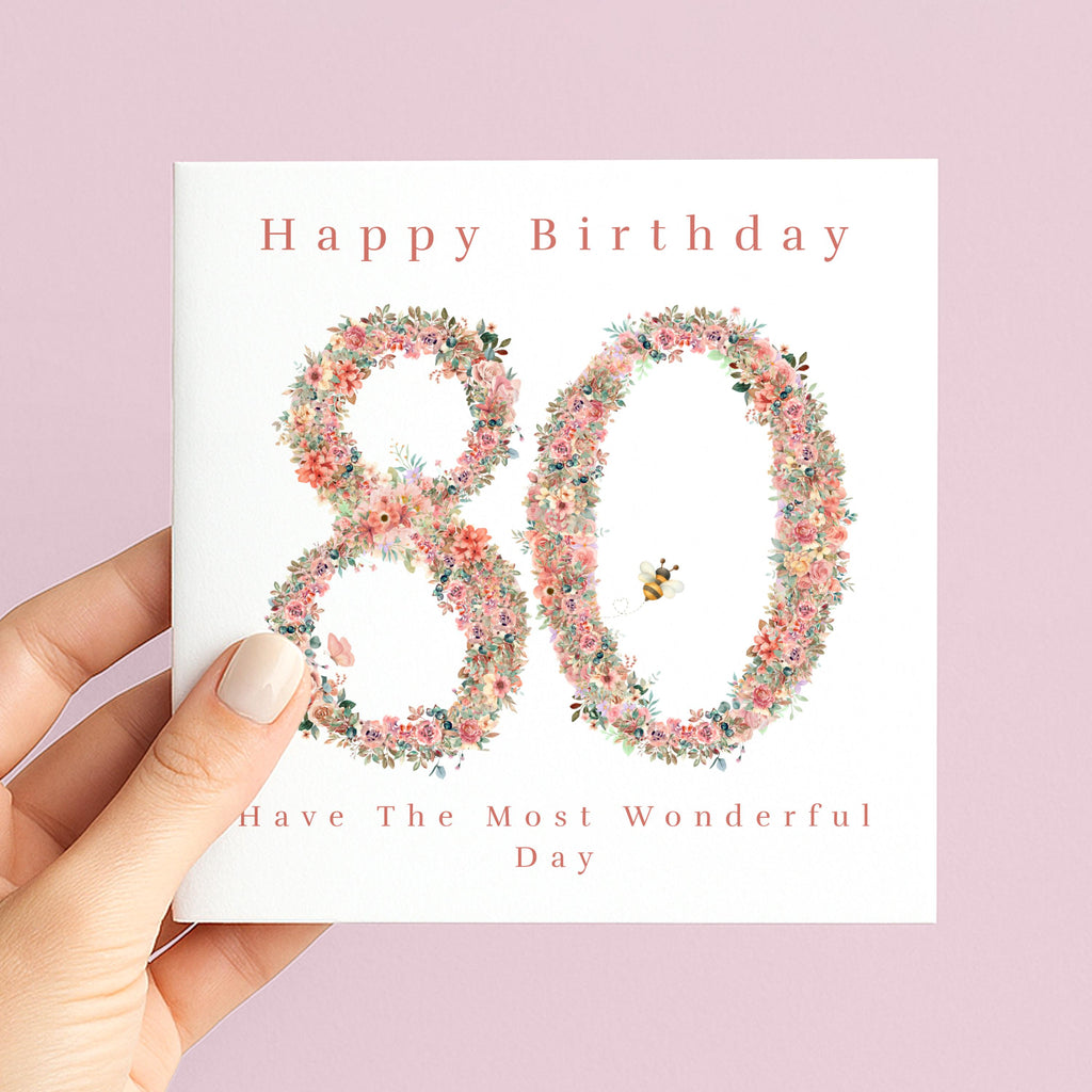 80th birthday card for nan, pink floral number 80, bee detail