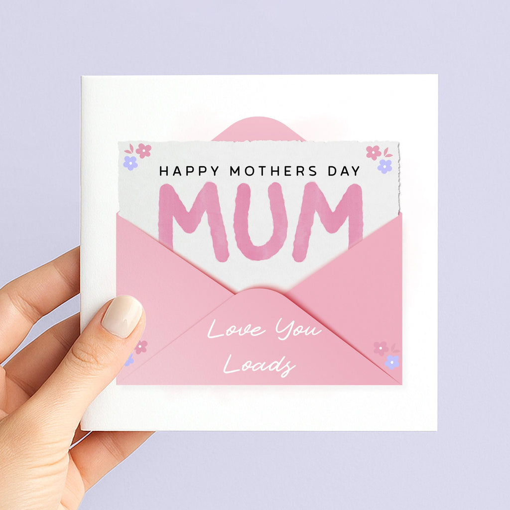 Mothers Day Card for Mum | Pink Envelope, Love You Loads Message