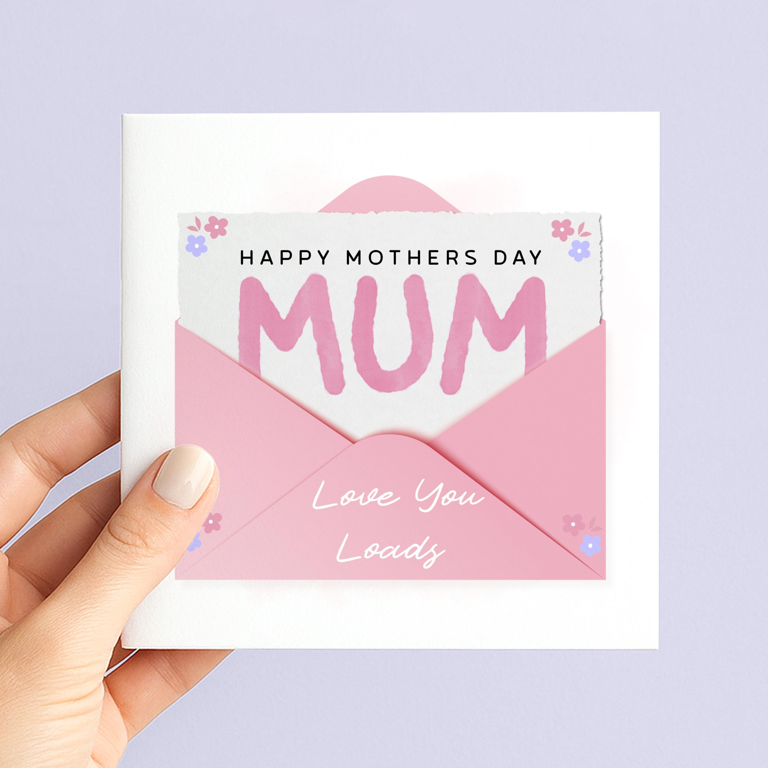 Mothers Day Card for Mum | Pink Envelope, Love You Loads Message