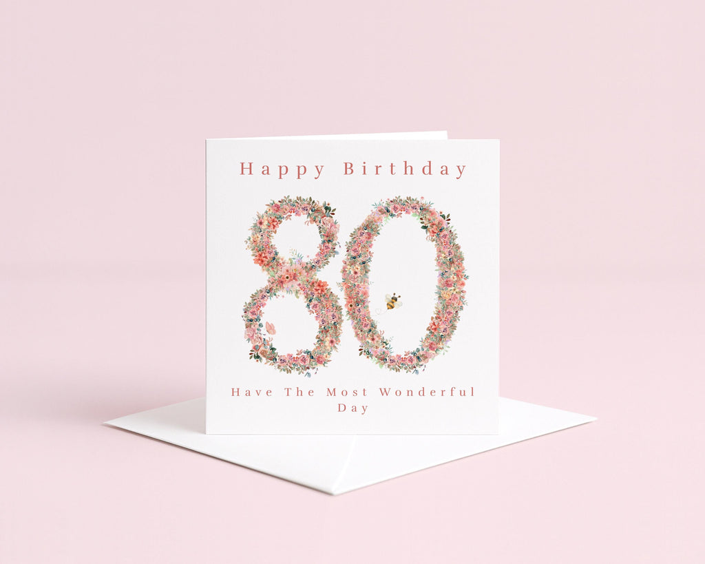 80th birthday card for nan, pink floral number 80, bee detail