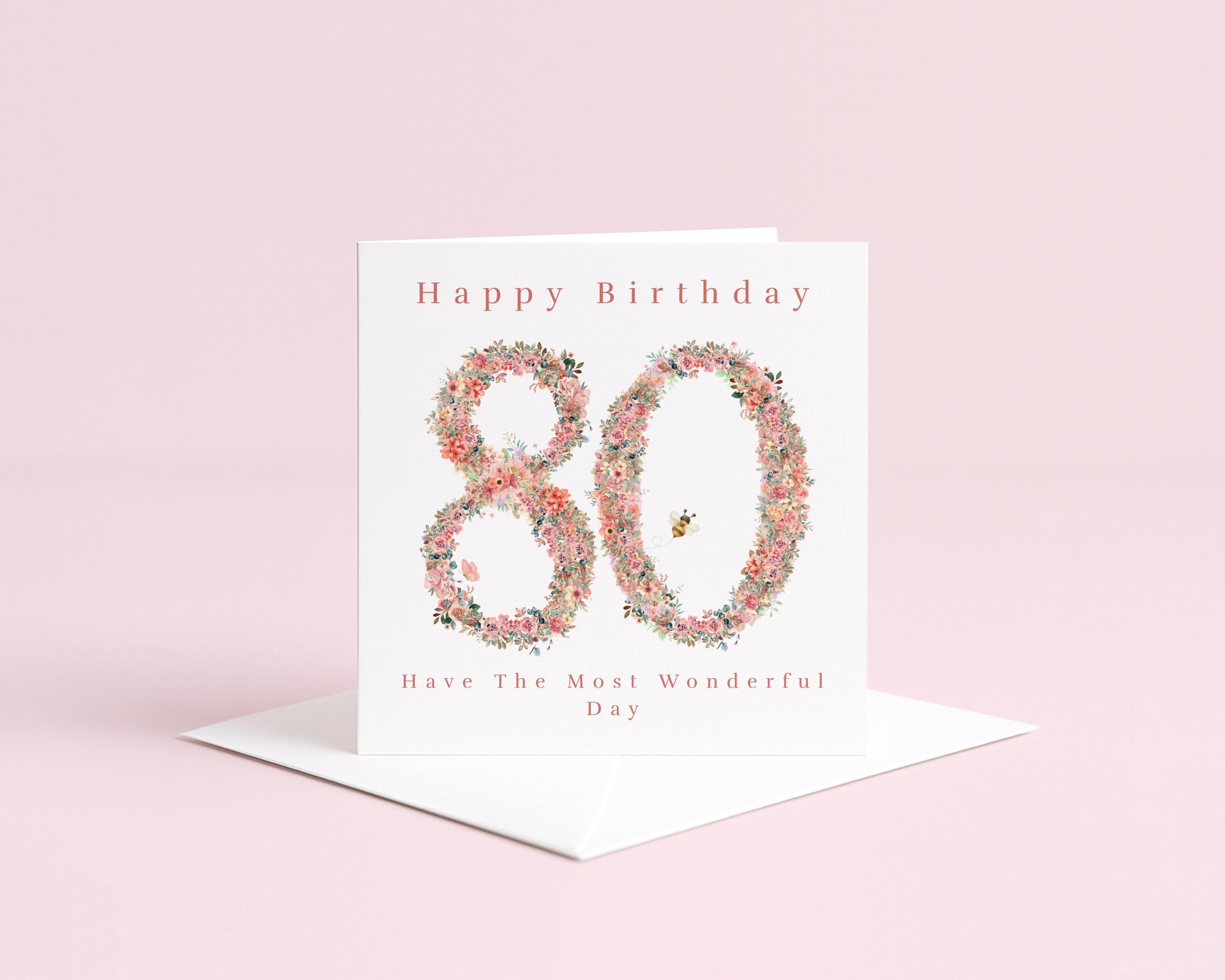 80th birthday card for nan, pink floral number 80, bee detail