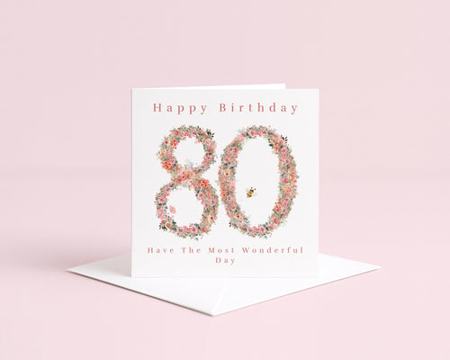 80th birthday card for nan, pink floral number 80, bee detail