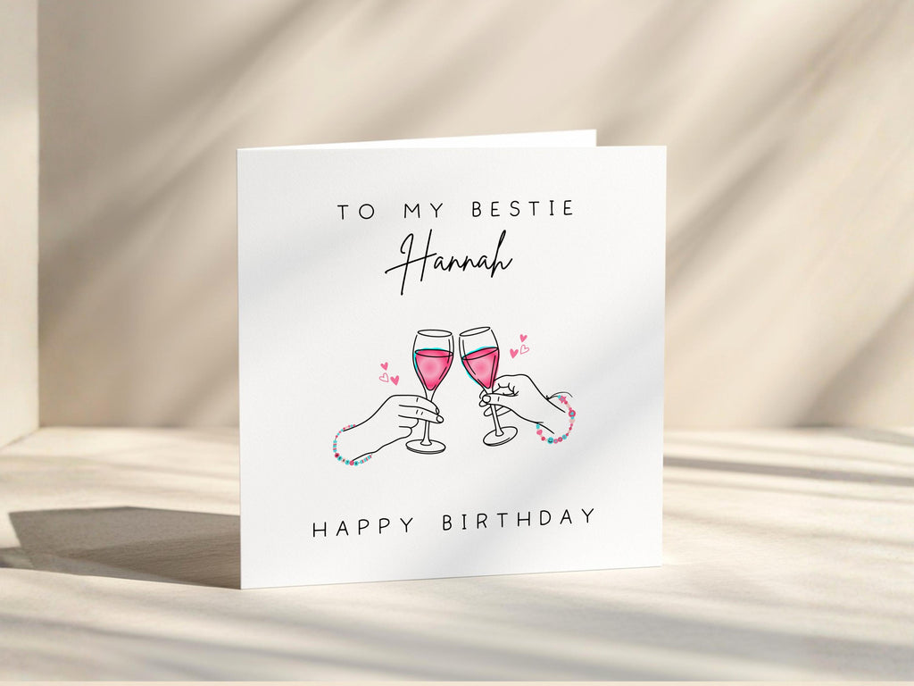 Custom Name Bestie Birthday Card  | Pink Prosecco Cheers | Female Friend Gift | Soul Sisters