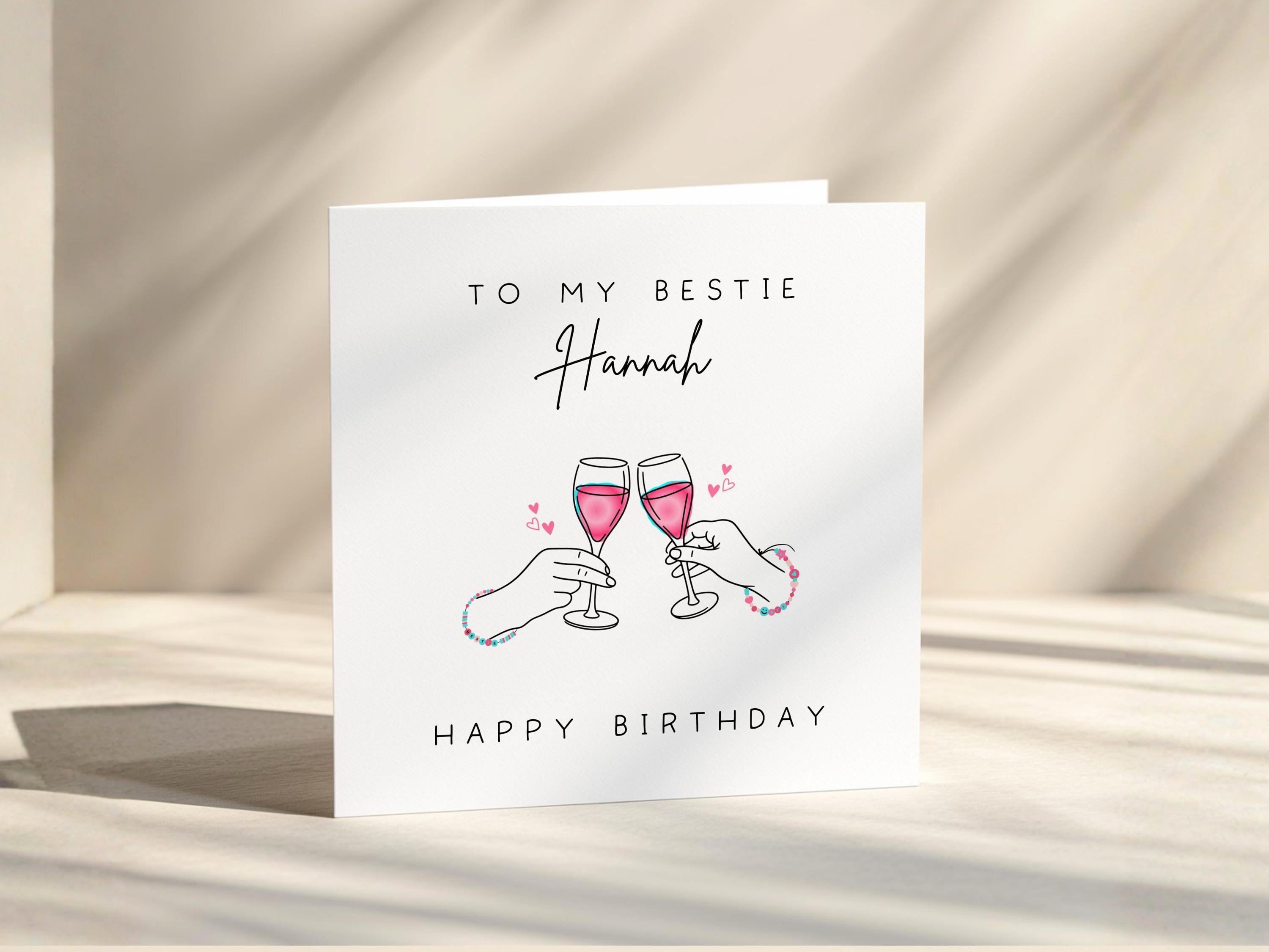 Custom Name Bestie Birthday Card  | Pink Prosecco Cheers | Female Friend Gift | Soul Sisters