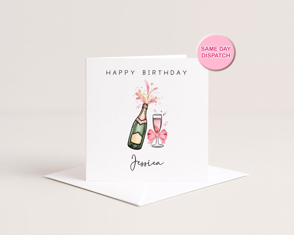 Personalised Birthday Card for Her | Custom Name Bday | Pink Champagne | Sister 18th 21st 30th