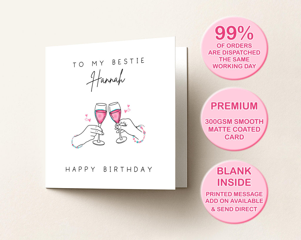 Custom Name Bestie Birthday Card  | Pink Prosecco Cheers | Female Friend Gift | Soul Sisters