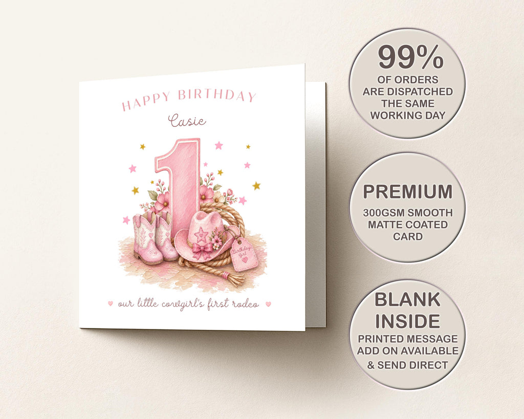 1st Birthday Card for Daughter | Personalised Cowgirl First Rodeo | Granddaughter Niece Goddaughter Custom Name