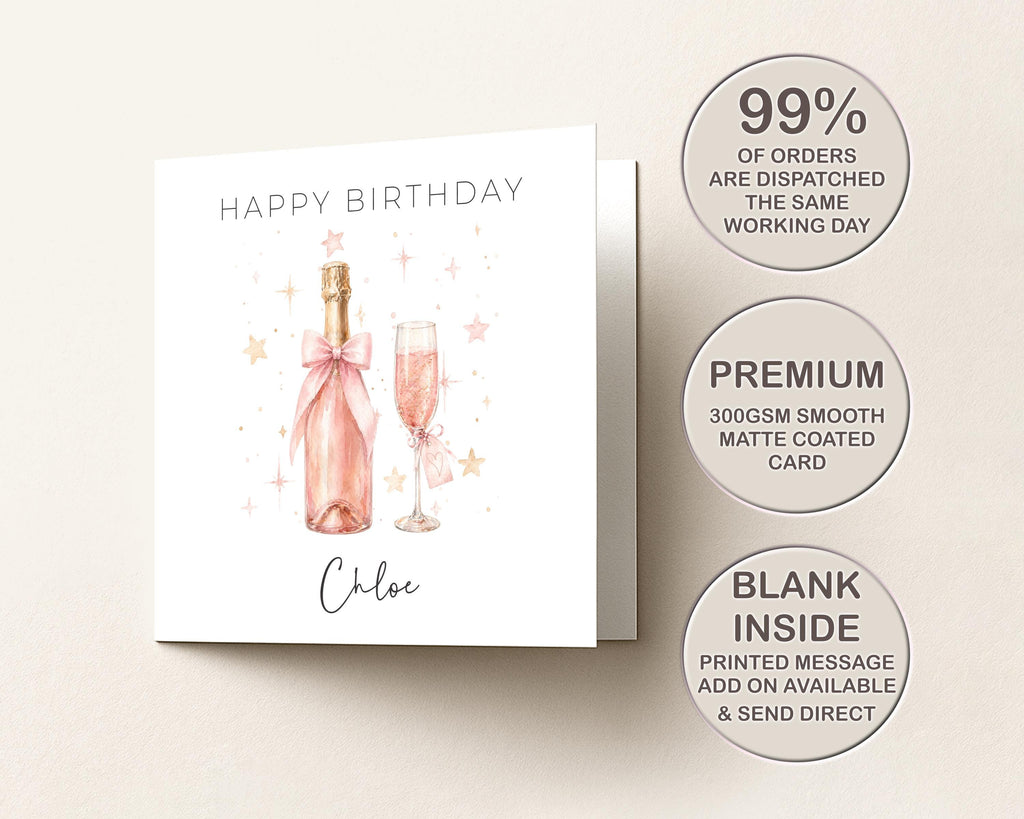 Personalised Birthday Card for Her | Custom Name | Pink Champagne | Sister Friend 21st 18th