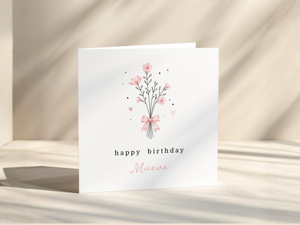 Personalised Birthday Card For Her Mum, Sister, Friend: Pink Flowers Minimalist Card