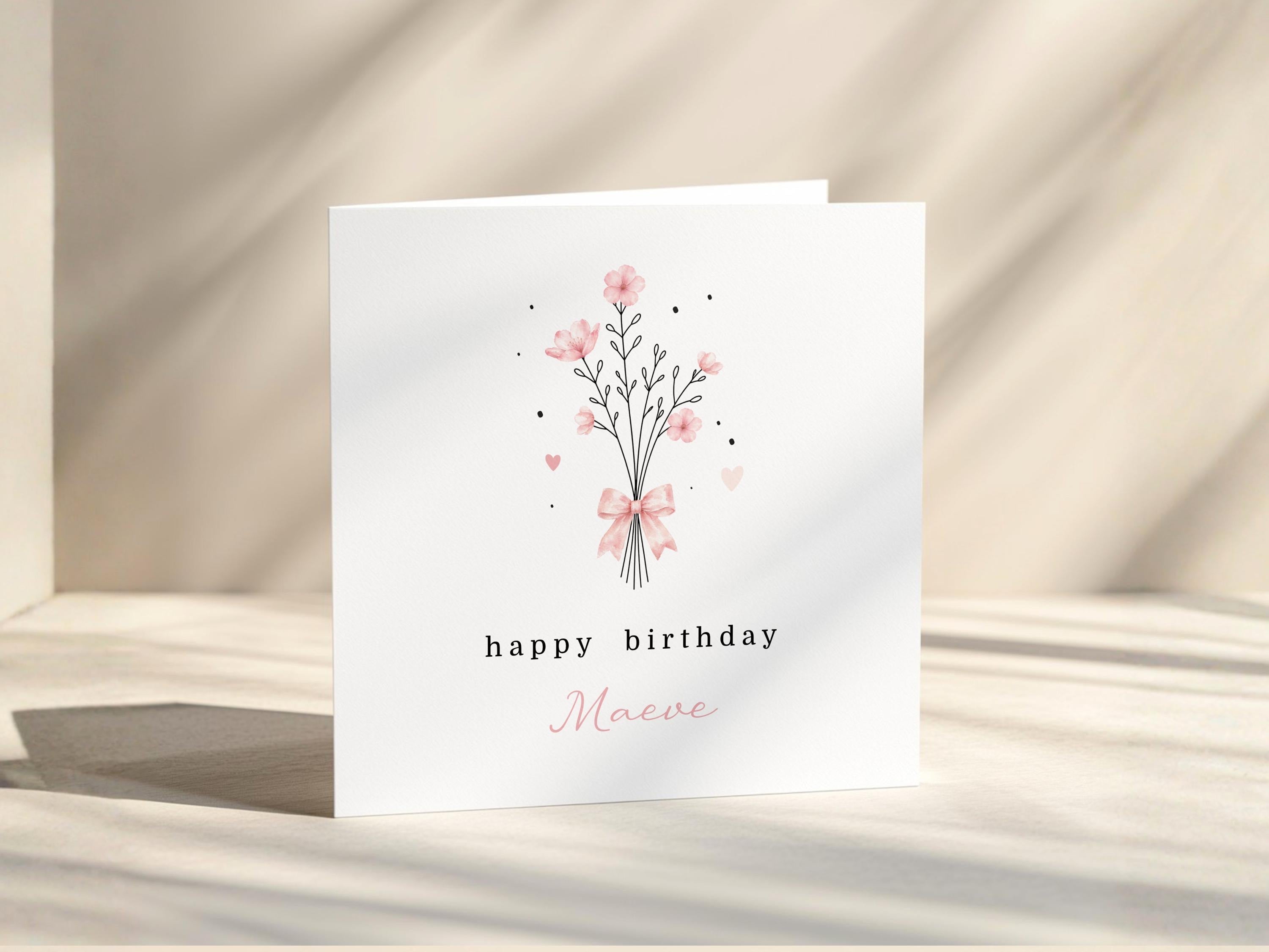 Personalised Birthday Card For Her Mum, Sister, Friend: Pink Flowers Minimalist Card