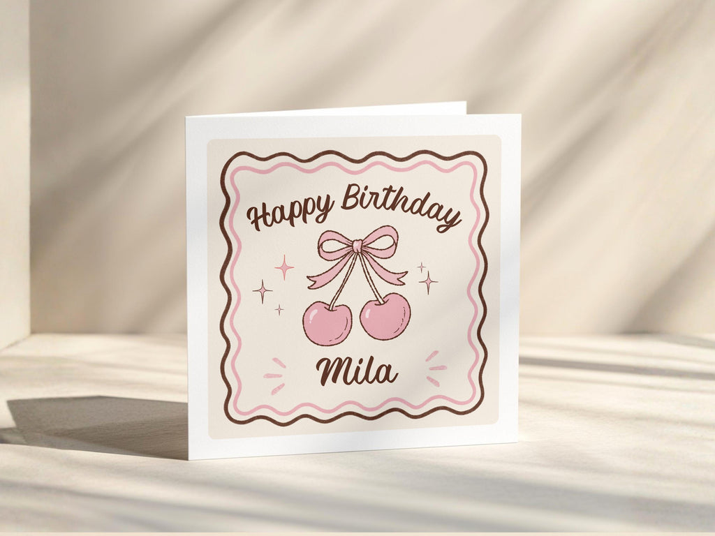 Personalised cherry retro birthday card for her, pink bow, square, sister friend daughter