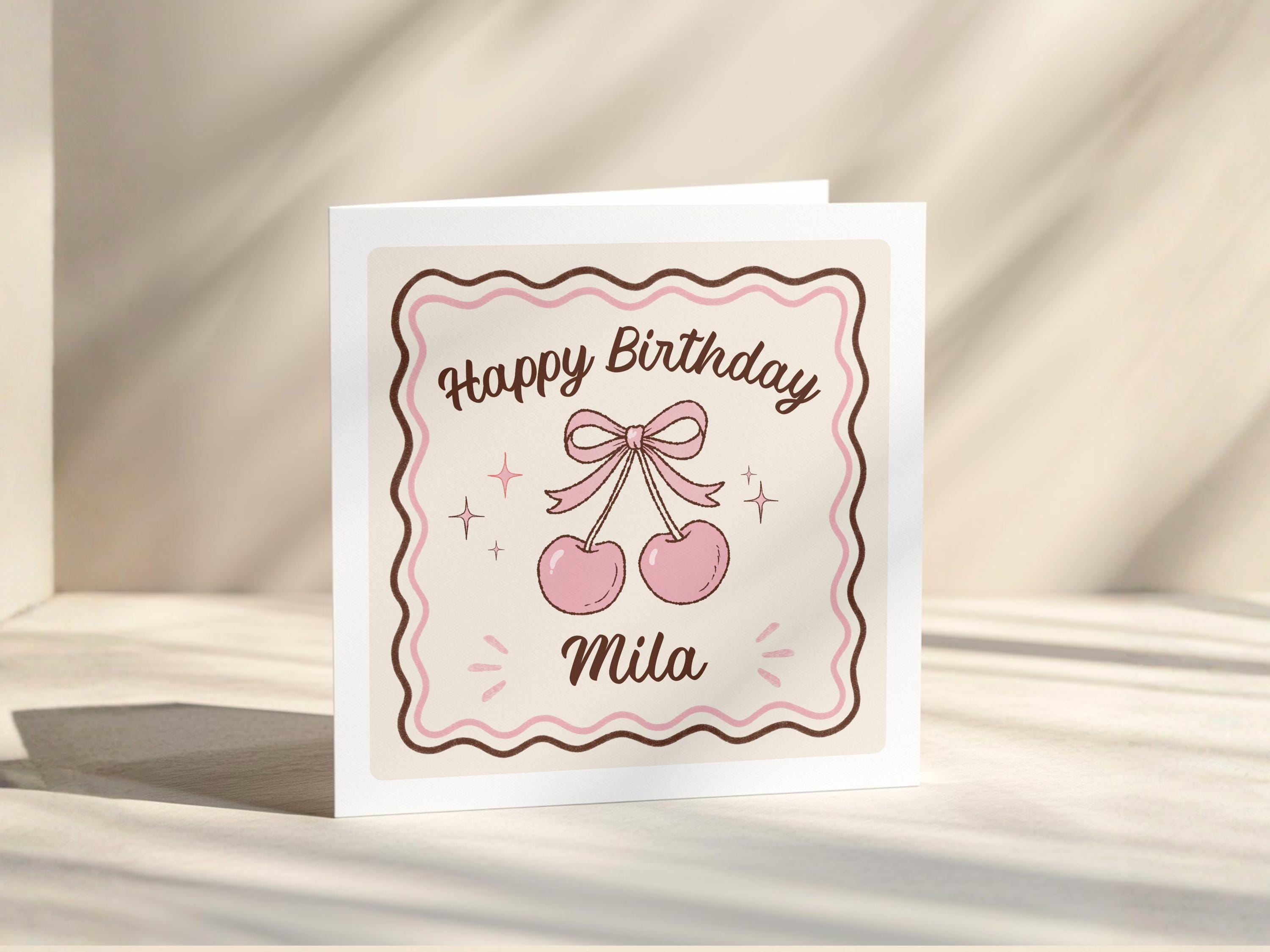 Personalised cherry retro birthday card for her, pink bow, square, sister friend daughter