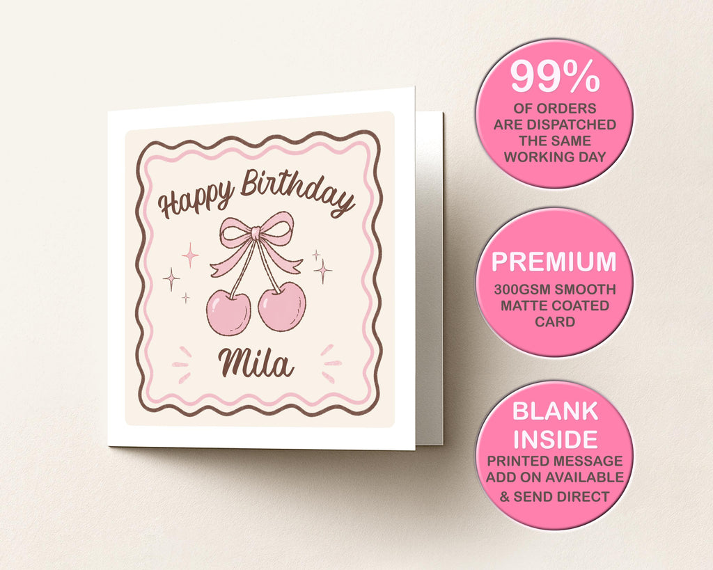 Personalised cherry retro birthday card for her, pink bow, square, sister friend daughter