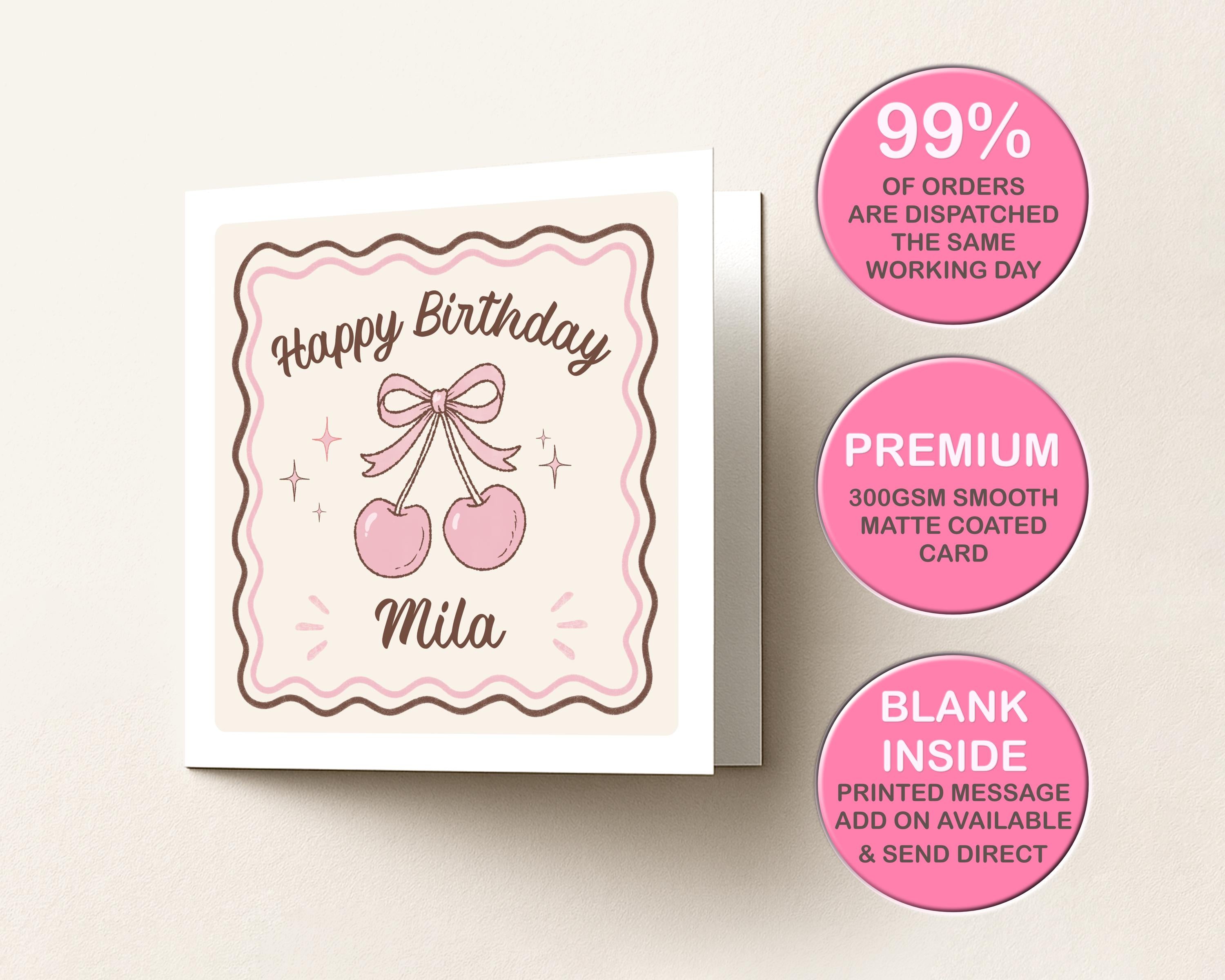 Personalised cherry retro birthday card for her, pink bow, square, sister friend daughter