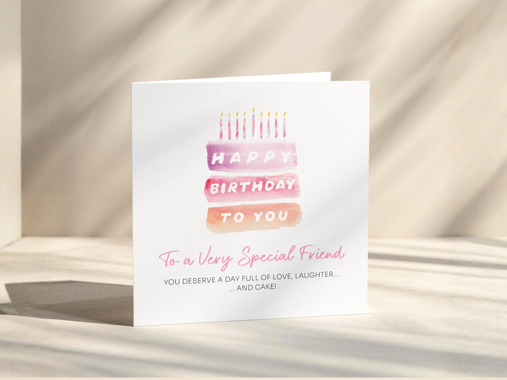 Friend Birthday Card Personalised For Special Friend Bestie Female Pink Layered Cake With Candles