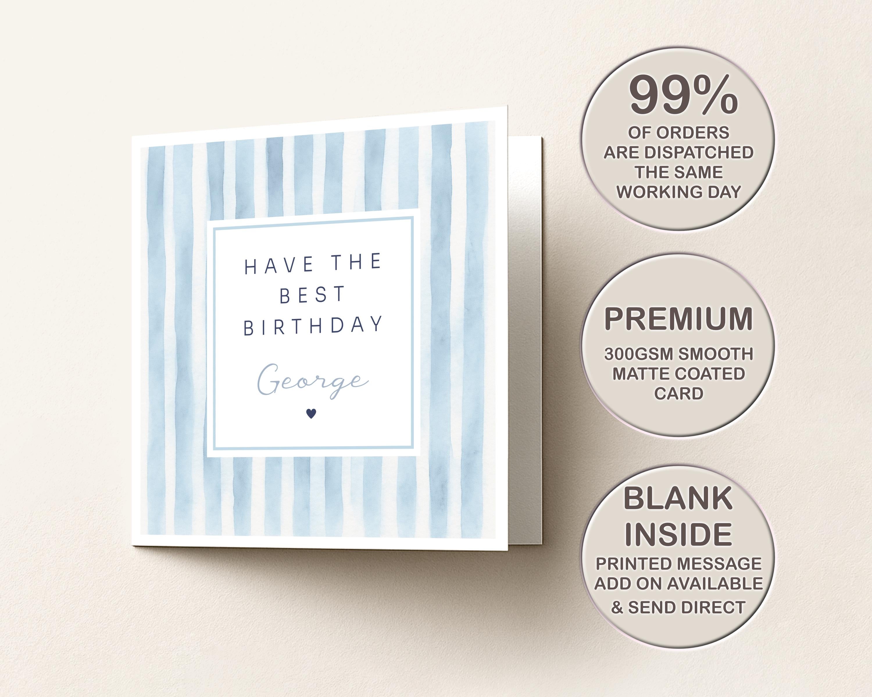 Personalised Birthday Card For Him, Blue Stripe Design For Son Brother Friend