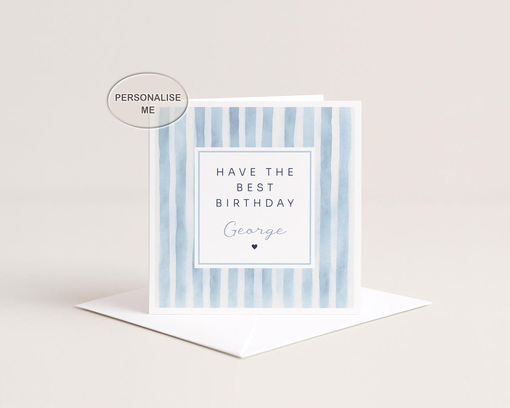 Personalised Birthday Card For Him, Blue Stripe Design For Son Brother Friend