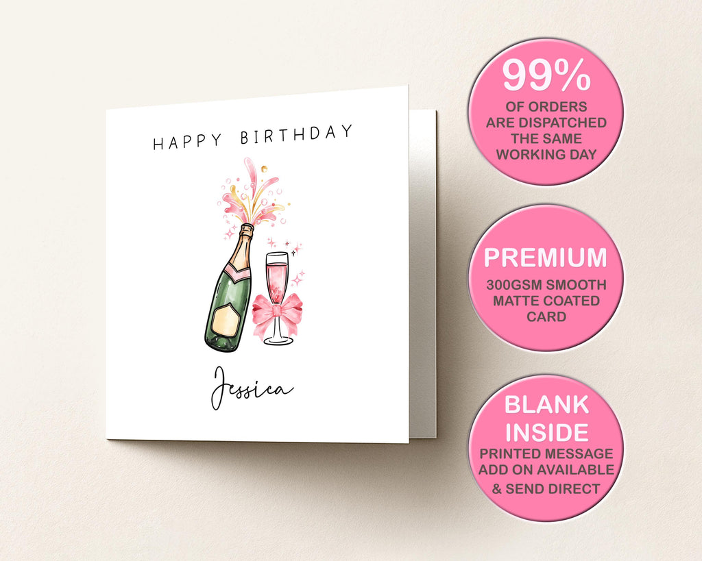 Personalised Birthday Card for Her | Custom Name Bday | Pink Champagne | Sister 18th 21st 30th