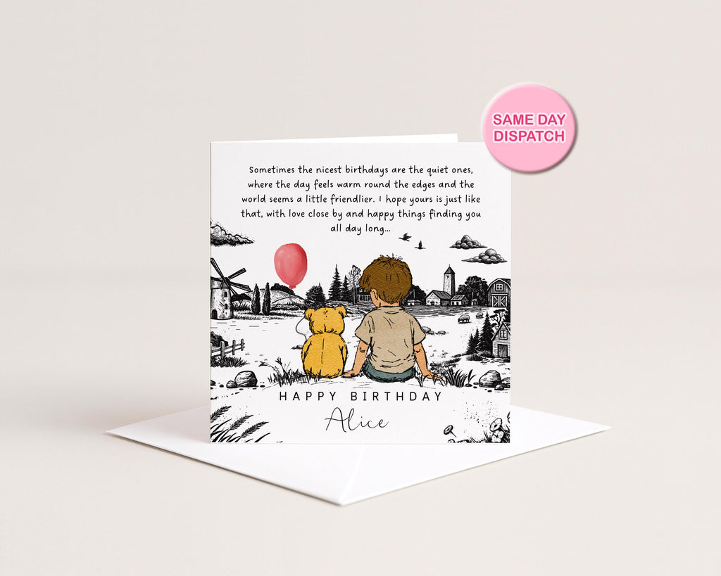 Winnie the Pooh Inspired Birthday Card | Personalised Name Card | Sentimental Black & White