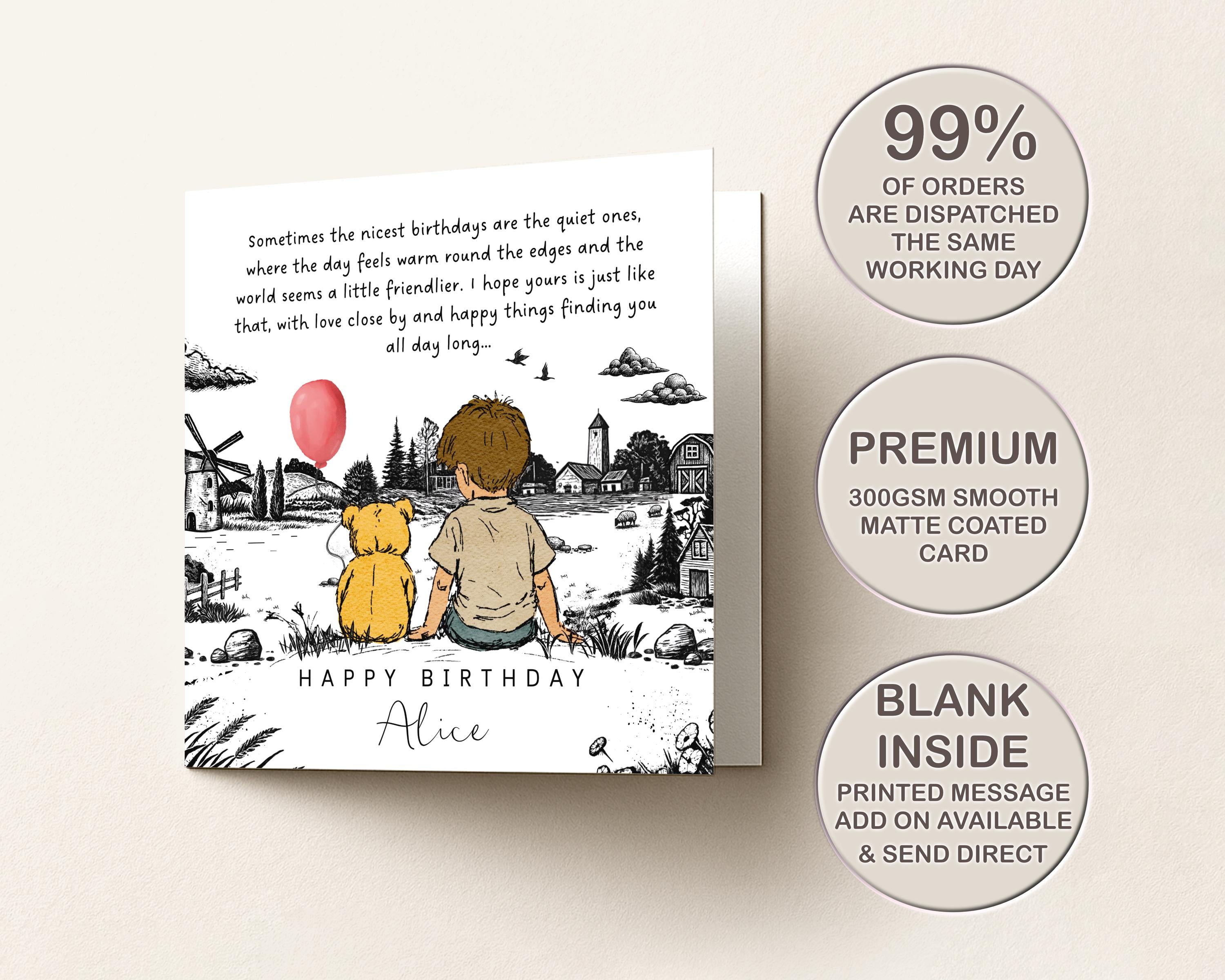 Winnie the Pooh Inspired Birthday Card | Personalised Name Card | Sentimental Black & White