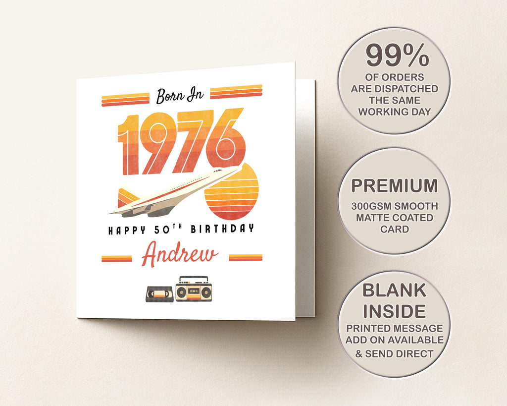 Retro 50th Birthday Card For Him, Nostalgic Greeting Card Personalised With Name
