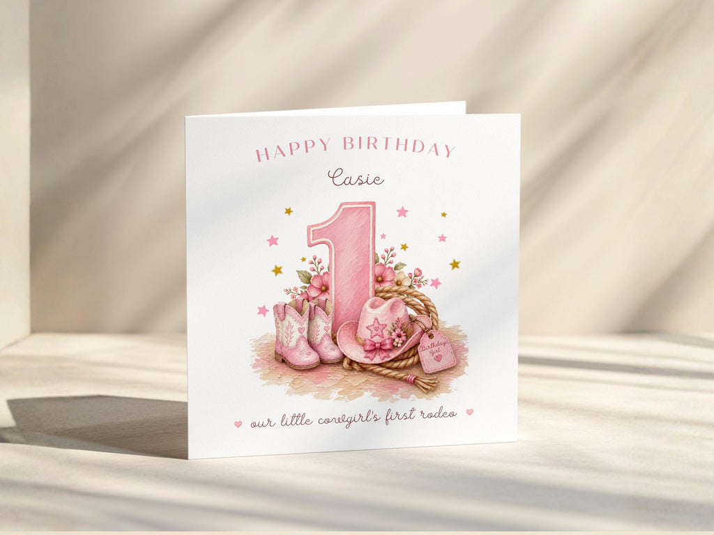 1st Birthday Card for Daughter | Personalised Cowgirl First Rodeo | Granddaughter Niece Goddaughter Custom Name