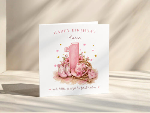 1st Birthday Card for Daughter | Personalised Cowgirl First Rodeo | Granddaughter Niece Goddaughter Custom Name