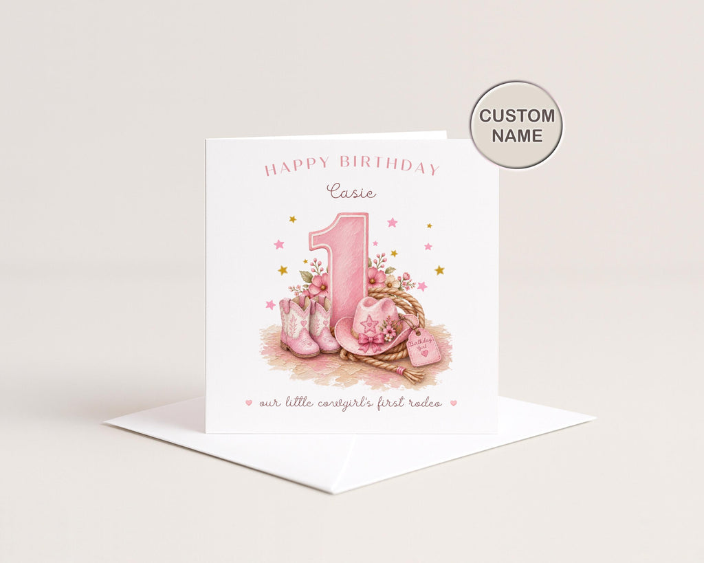 1st Birthday Card for Daughter | Personalised Cowgirl First Rodeo | Granddaughter Niece Goddaughter Custom Name