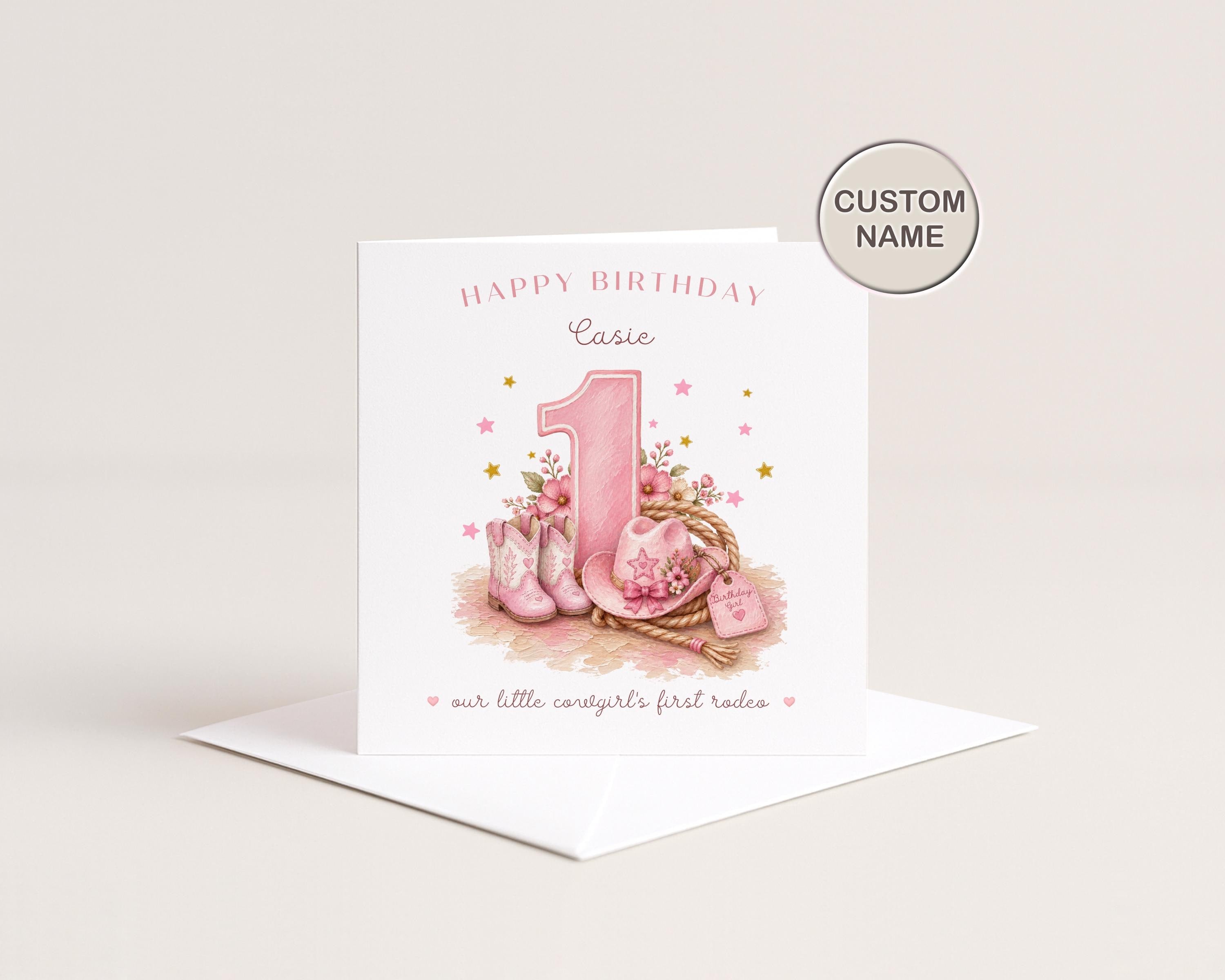 1st Birthday Card for Daughter | Personalised Cowgirl First Rodeo | Granddaughter Niece Goddaughter Custom Name