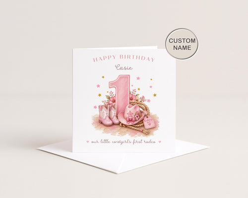 1st Birthday Card for Daughter | Personalised Cowgirl First Rodeo | Granddaughter Niece Goddaughter Custom Name