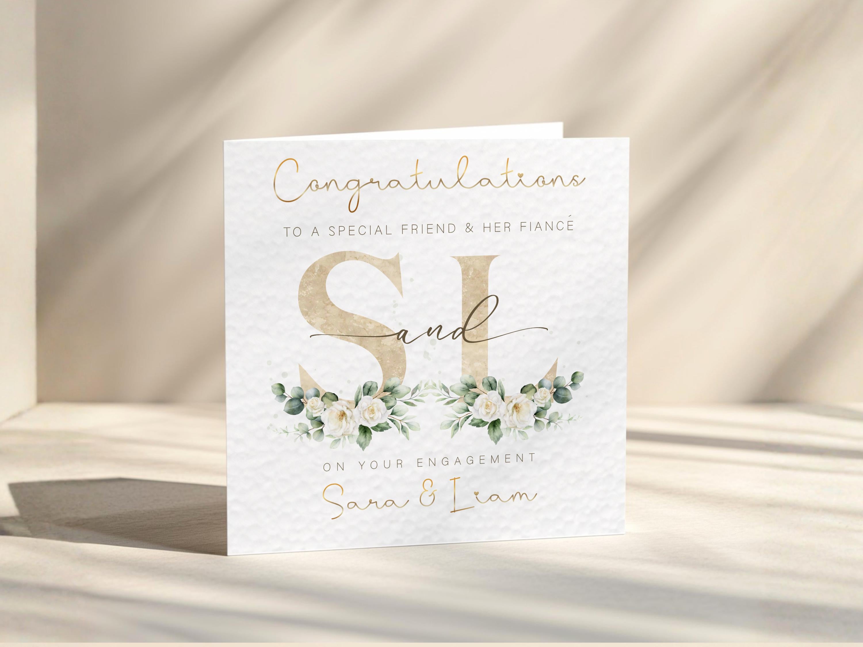 Personalised Engagement Card for Couple, Gold Foil Names, Congratulations