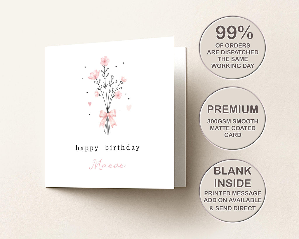 Personalised Birthday Card For Her Mum, Sister, Friend: Pink Flowers Minimalist Card