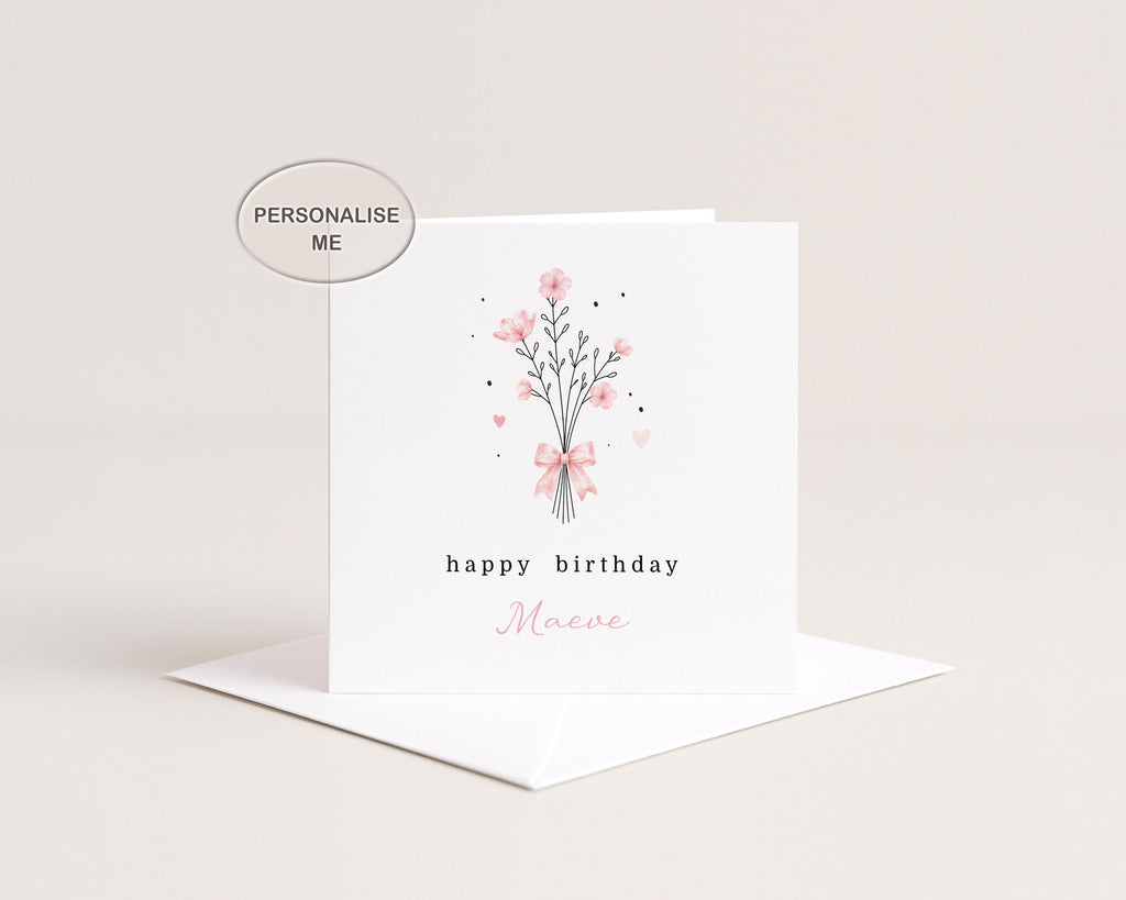 Personalised Birthday Card For Her Mum, Sister, Friend: Pink Flowers Minimalist Card