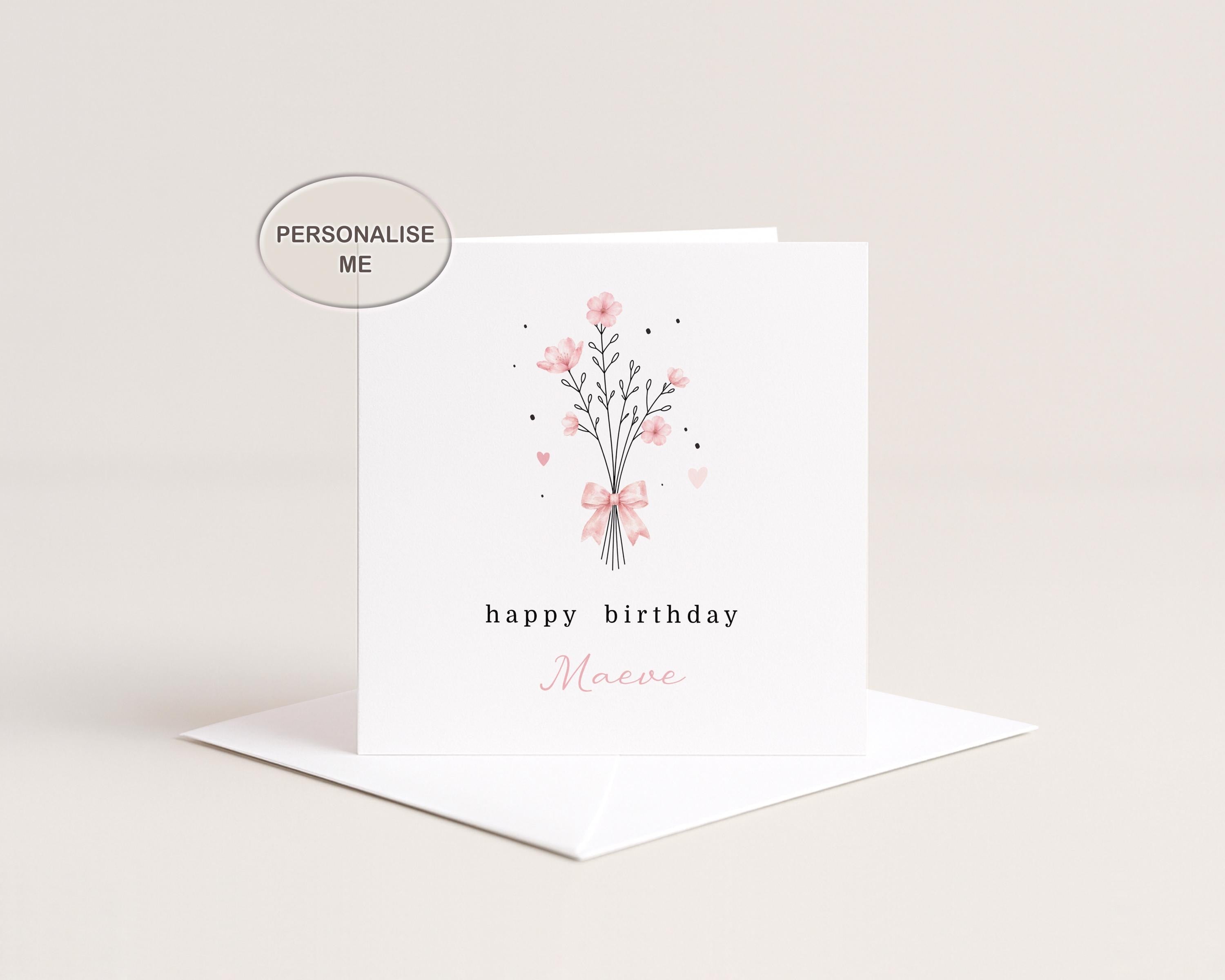 Personalised Birthday Card For Her Mum, Sister, Friend: Pink Flowers Minimalist Card