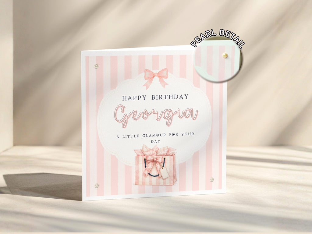 Personalised Birthday Card for Daughter, Granddaughter, Niece, Sister, Friend – Pearl Embellished Gift Bag Design