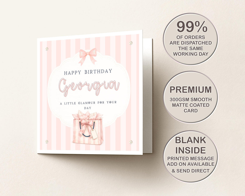 Personalised Birthday Card for Daughter, Granddaughter, Niece, Sister, Friend – Pearl Embellished Gift Bag Design