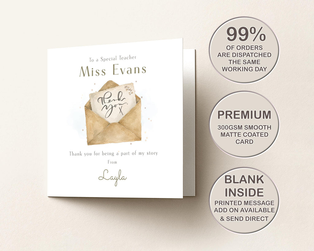 Thank You Teacher Card Personalised For Miss, Tutor, teaching Assistant, End Of Term, School