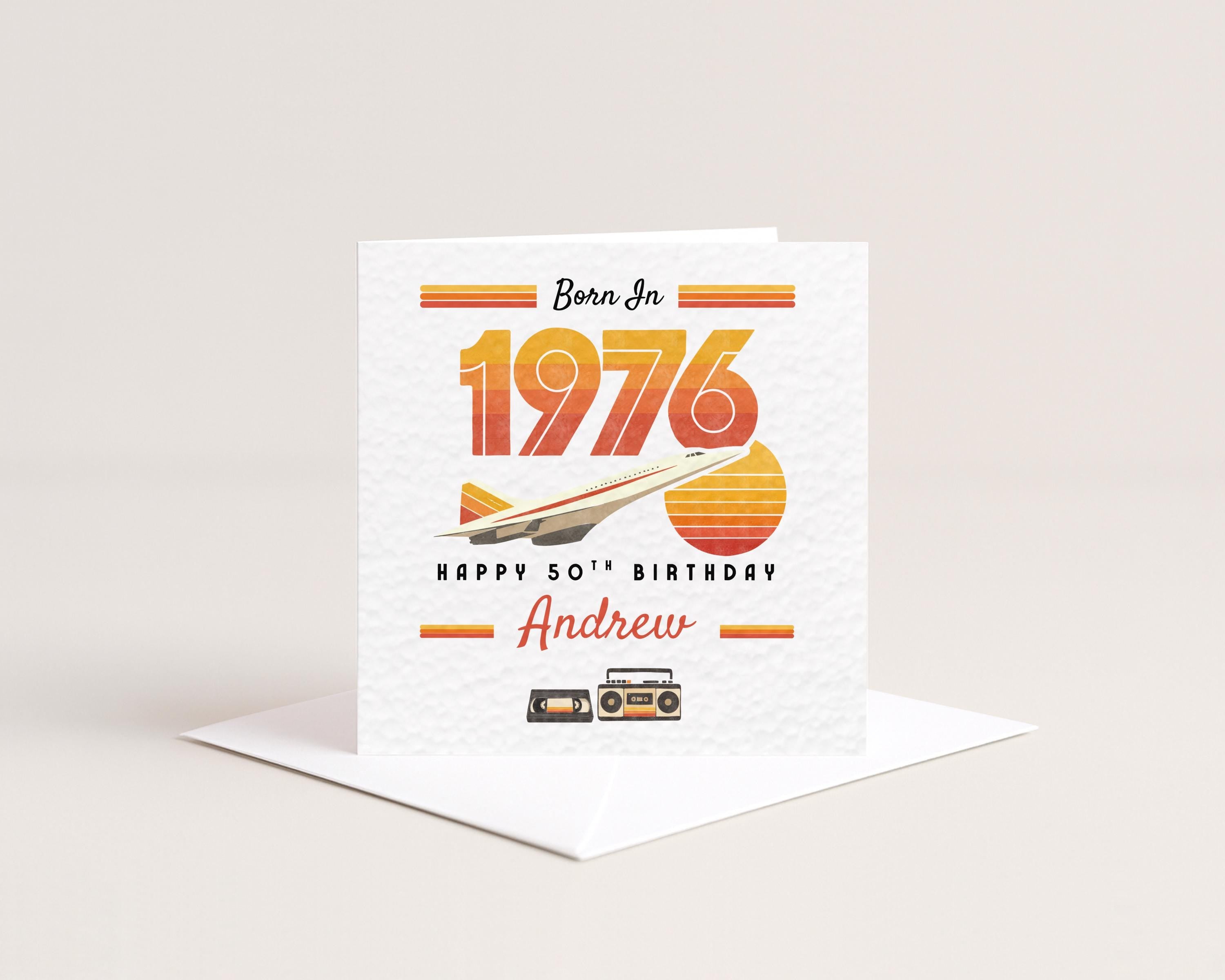 Retro 50th Birthday Card For Him, Nostalgic Greeting Card Personalised With Name